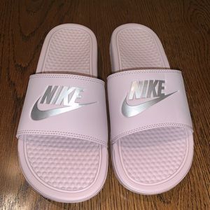 NEW NIKE rose/metallic silver slide on shoes